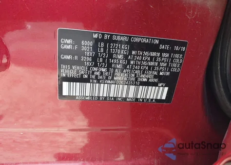 2019 Subaru Ascent Premium z USA, uszkodzony, nr VIN 4S4WMAFD2K3435310